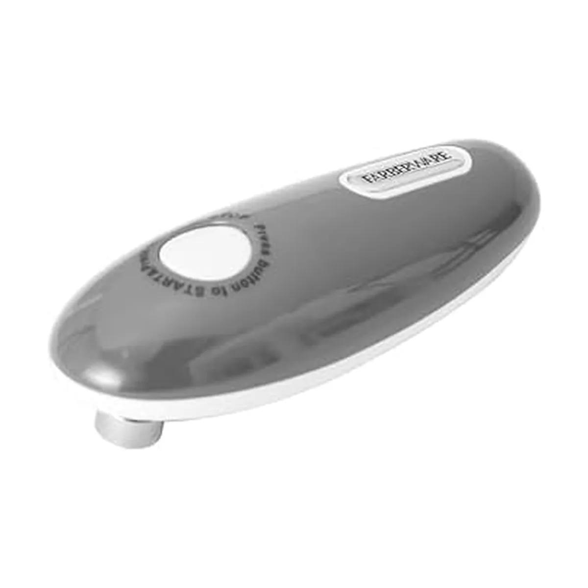 Gray automatic can opener with chrome cutting head and soft-grip knob