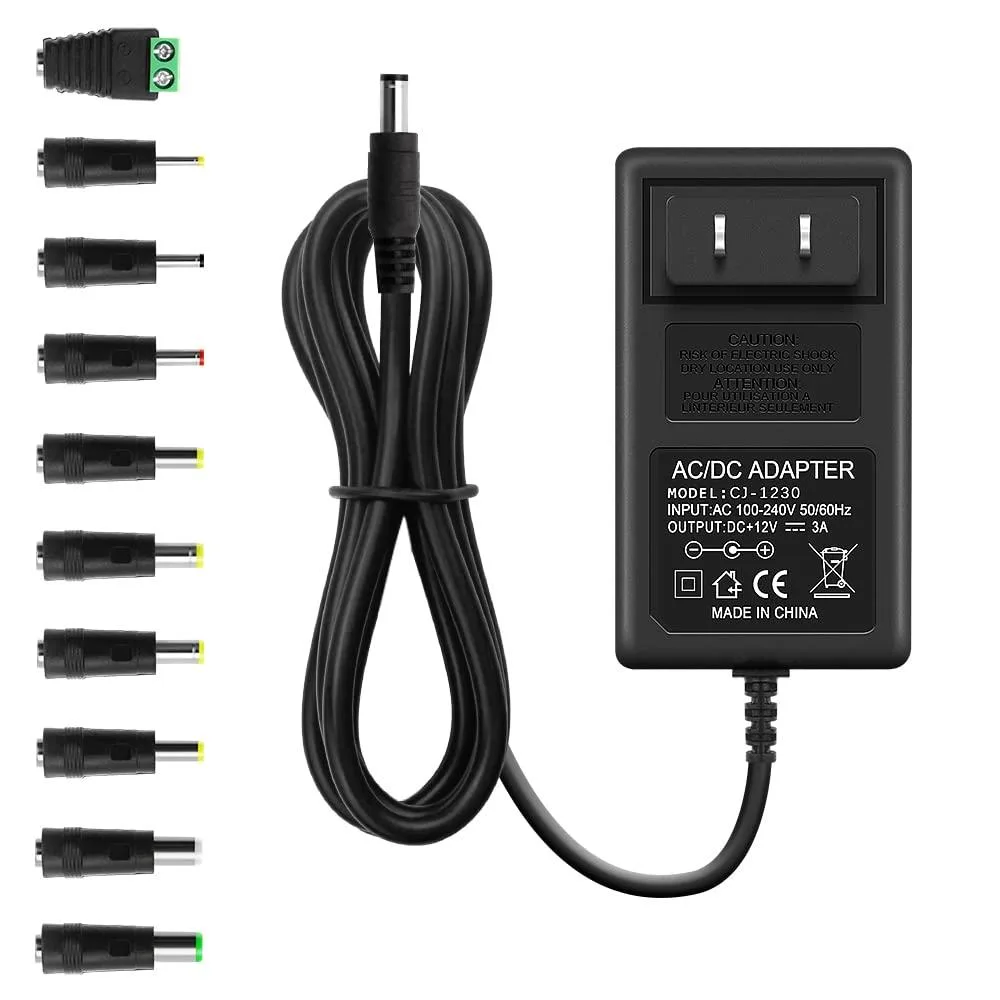 Black rectangular Arkare ALT-1203 power adapter with ten interchangeable DC tips