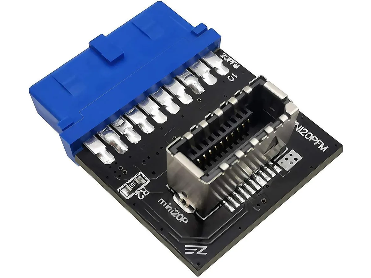 Short black adapter with 19-pin header and USB-C 20-pin A-key socket