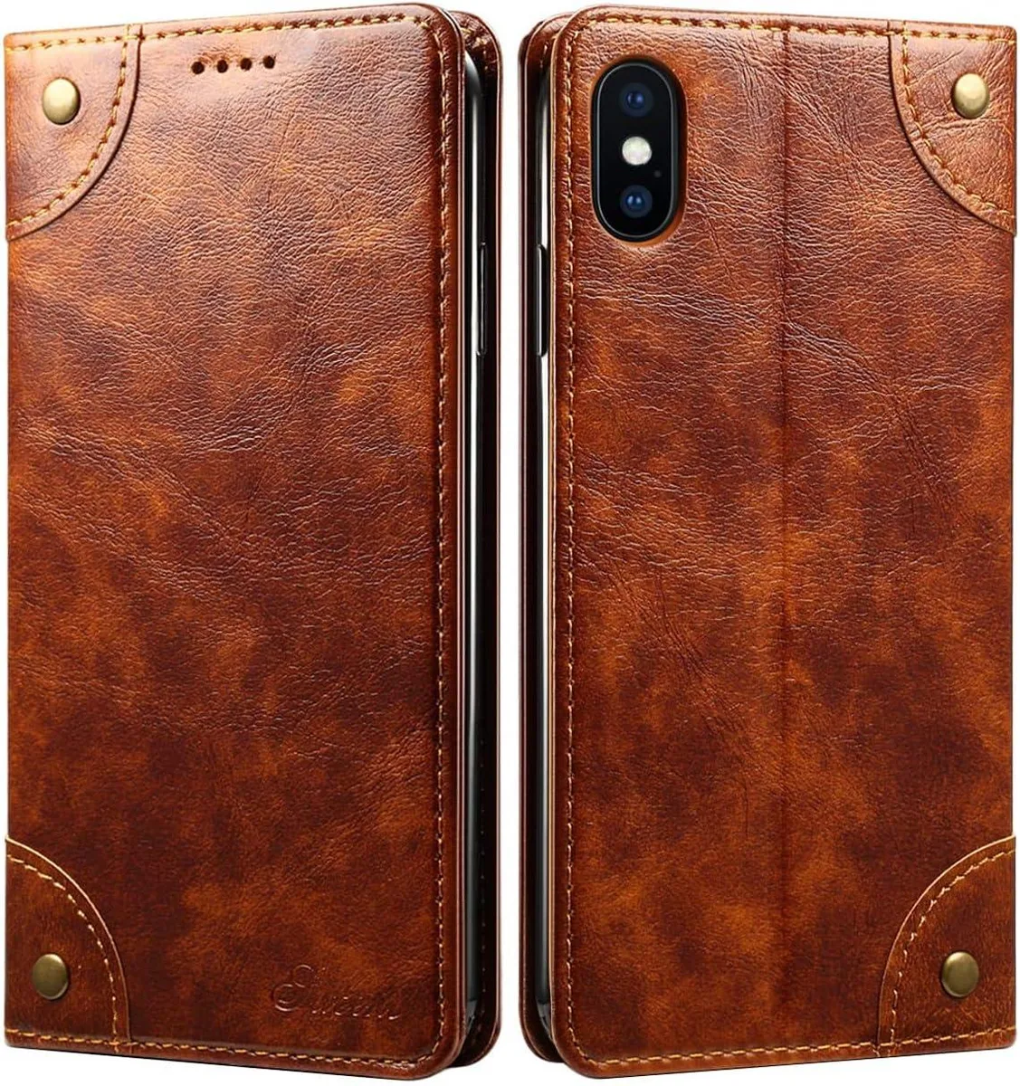 TAURKENAM TAURKENAM Leather Wallet Folio Case for iPhone XS/X 5.8 inch Khaki — product photo