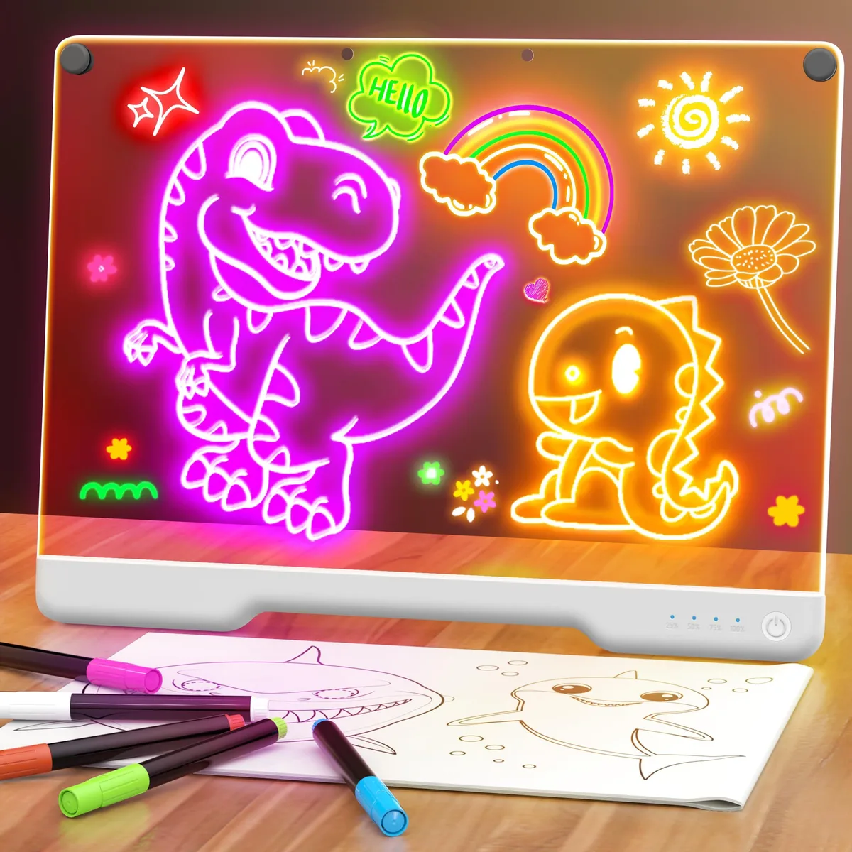 E16 16-Inch Rechargeable LED Drawing Board 7-Color 5 Markers 10 Tracing Papers — product photo