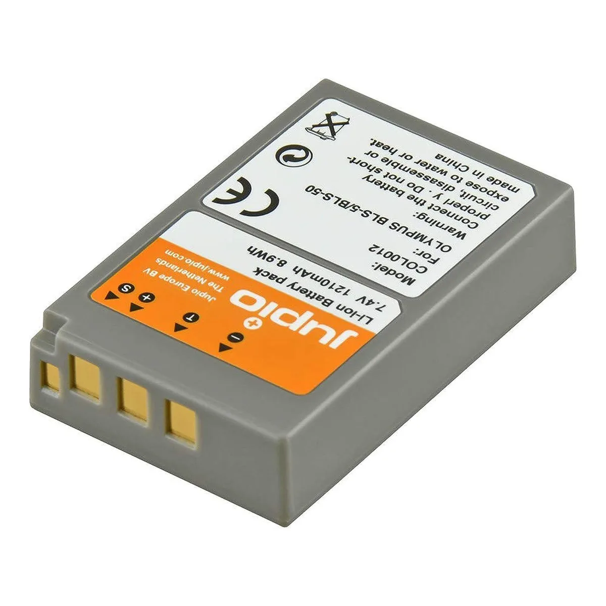 Rectangular lithium-ion camera battery, dark grey plastic casing with gold contacts and Jupio branding