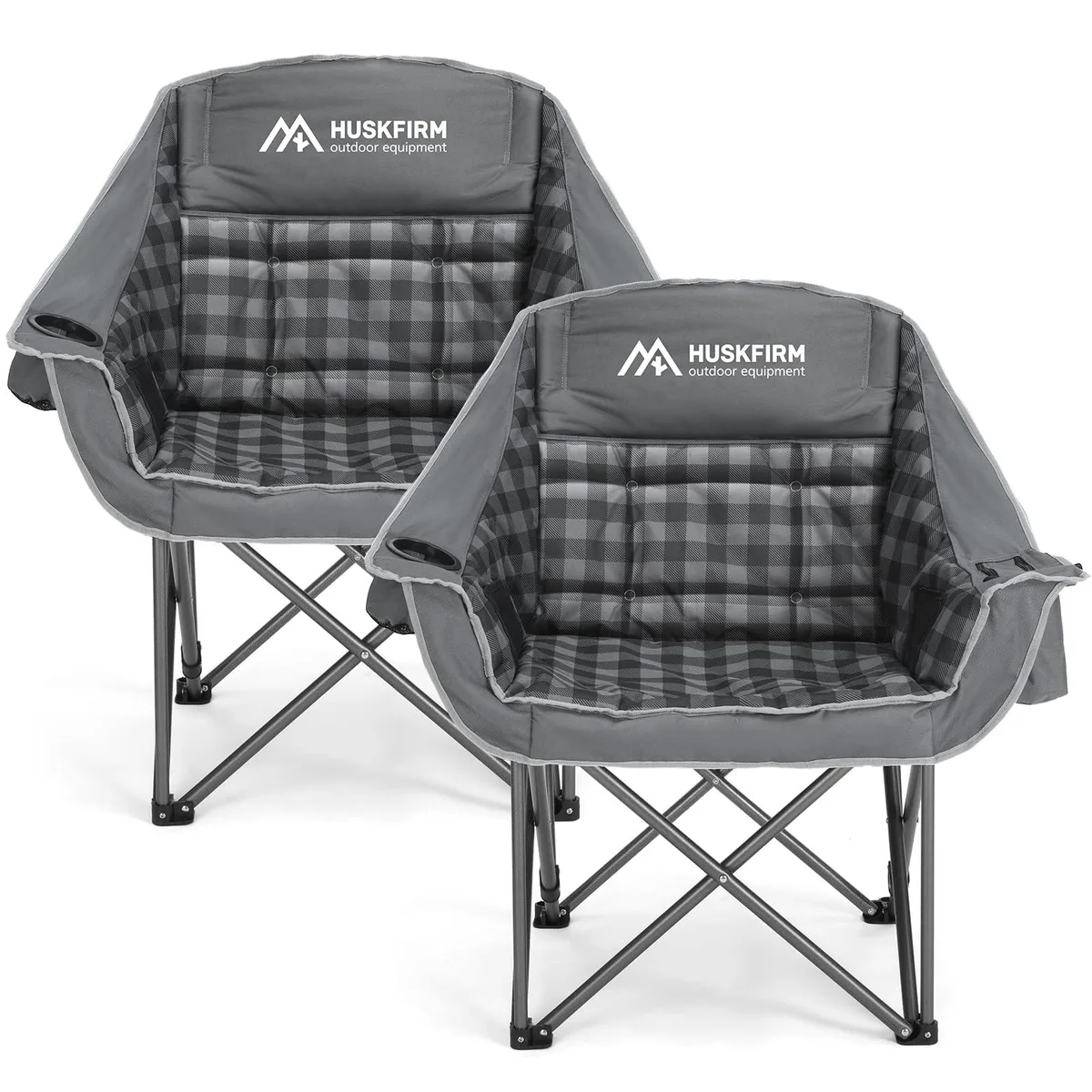 Two folded grey camping chairs with steel frames and carry bag