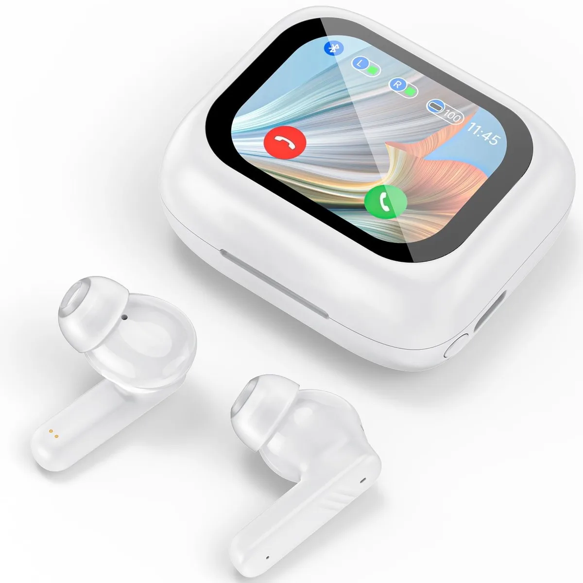 White wireless earbuds in a charging case with a touch screen display
