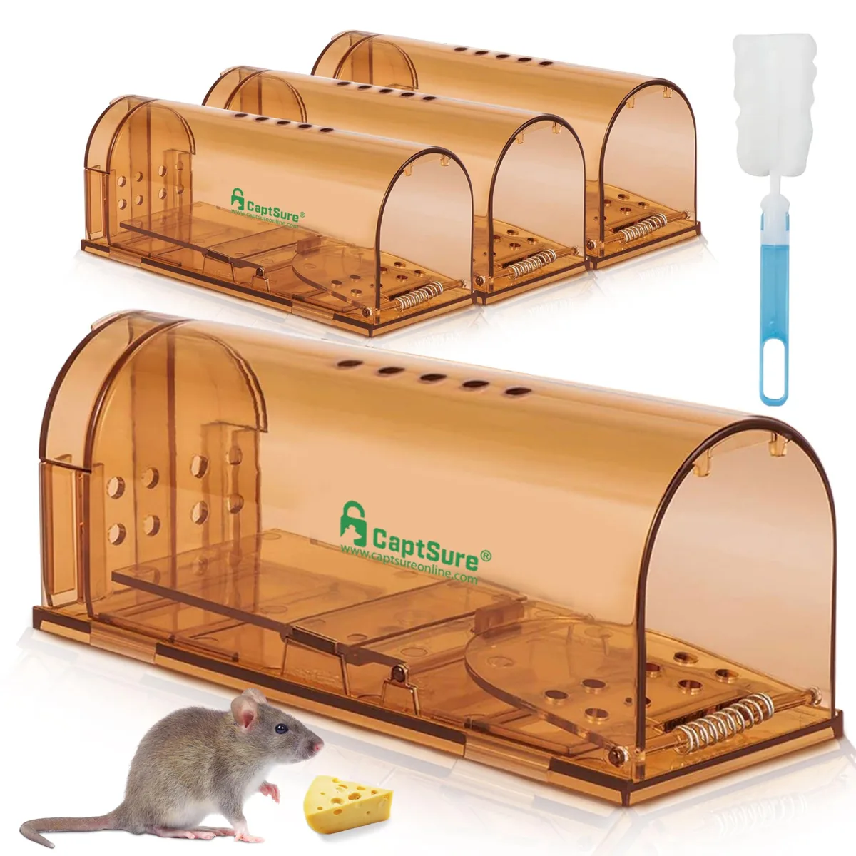 Four rectangular live-catch mouse traps with wide entrance doors and ventilation holes