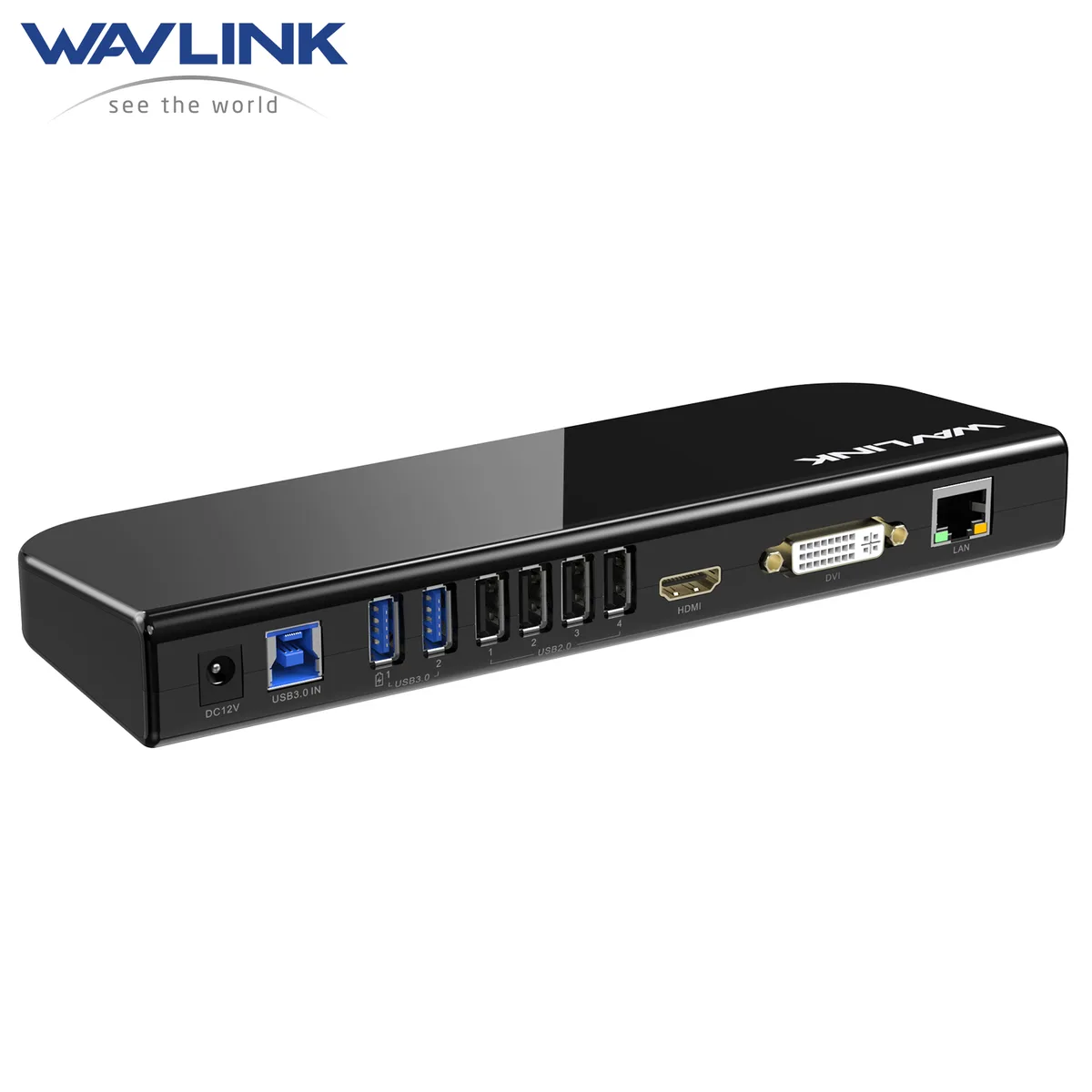 Wavlink Wavlink 39DK1 USB 3.0 Docking Station Dual Monitor HDMI DVI VGA Gigabit Ethernet 6 USB Audio Black — product photo