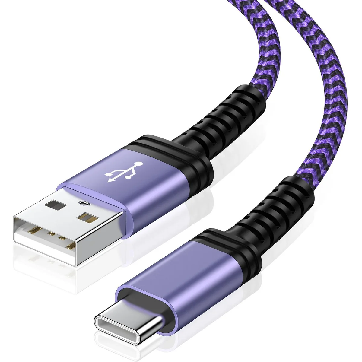 Purple USB-C to USB-A cable with braided nylon finish, six feet long