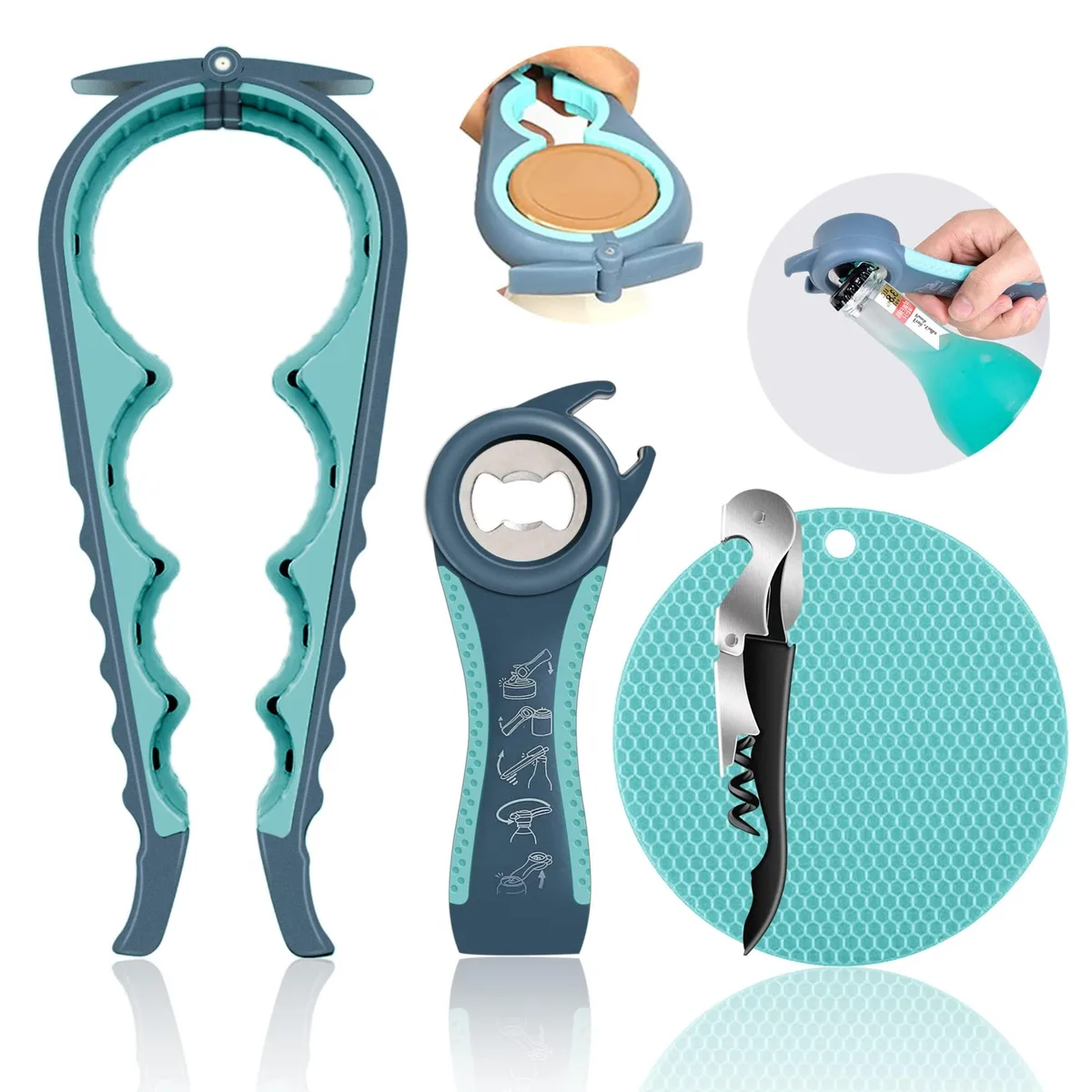 Blue four-piece jar opener set with long handles and rubber gripper pad