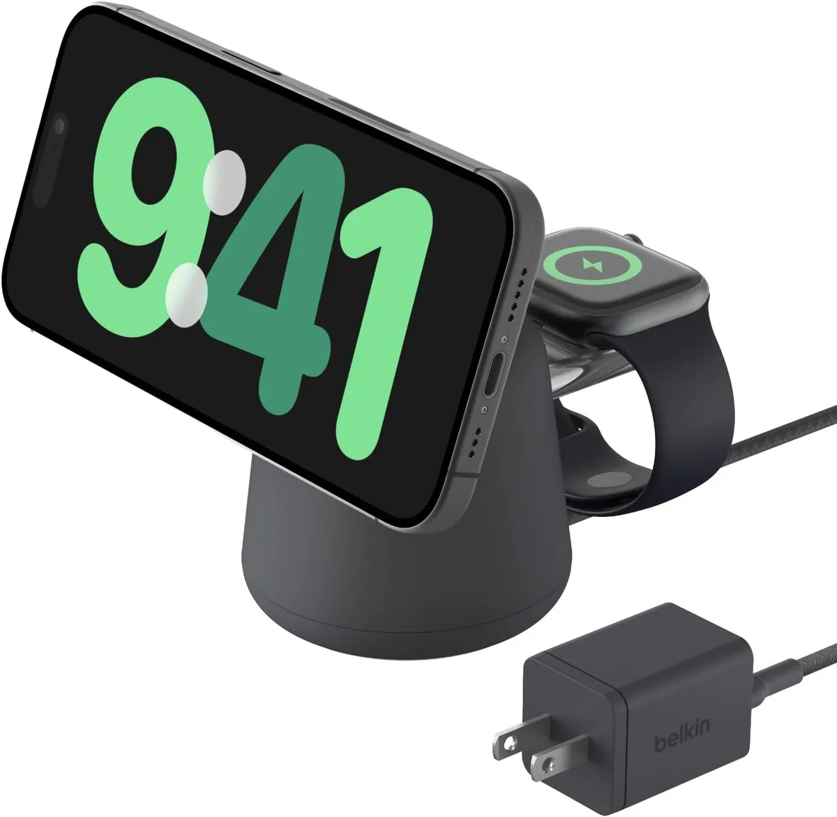 FLEANE FLEANE 2-in-1 MagSafe Wireless Charging Dock 15W 30W PSU Black — product photo