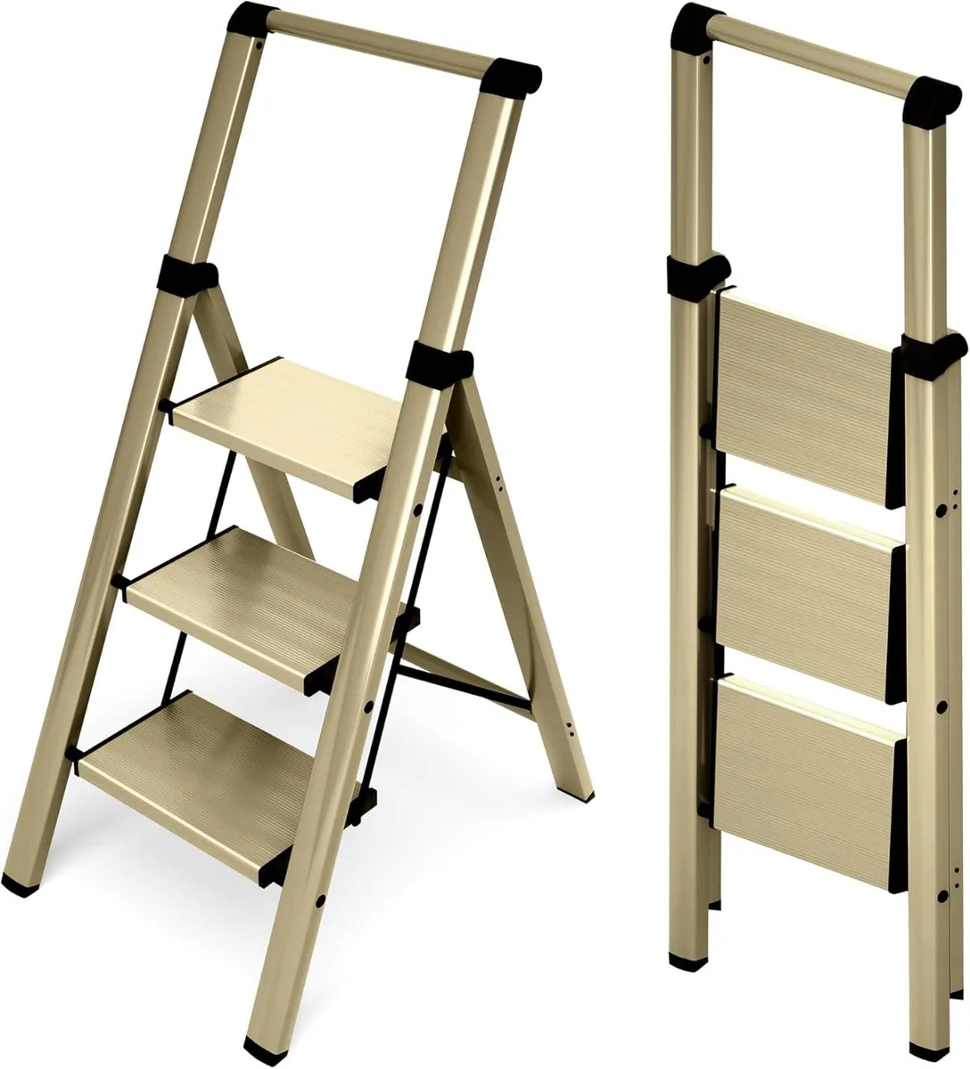 Gold three-step aluminum folding ladder with U-shape handgrip, wide anti-slip treads and rubber feet