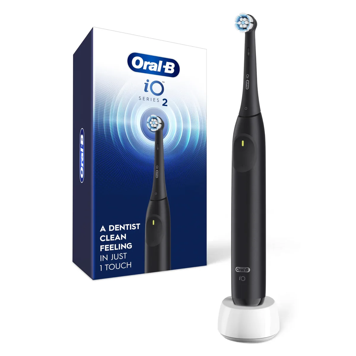 Oral-B iO2 electric toothbrush, black cylindrical handle with single button, brush head attached