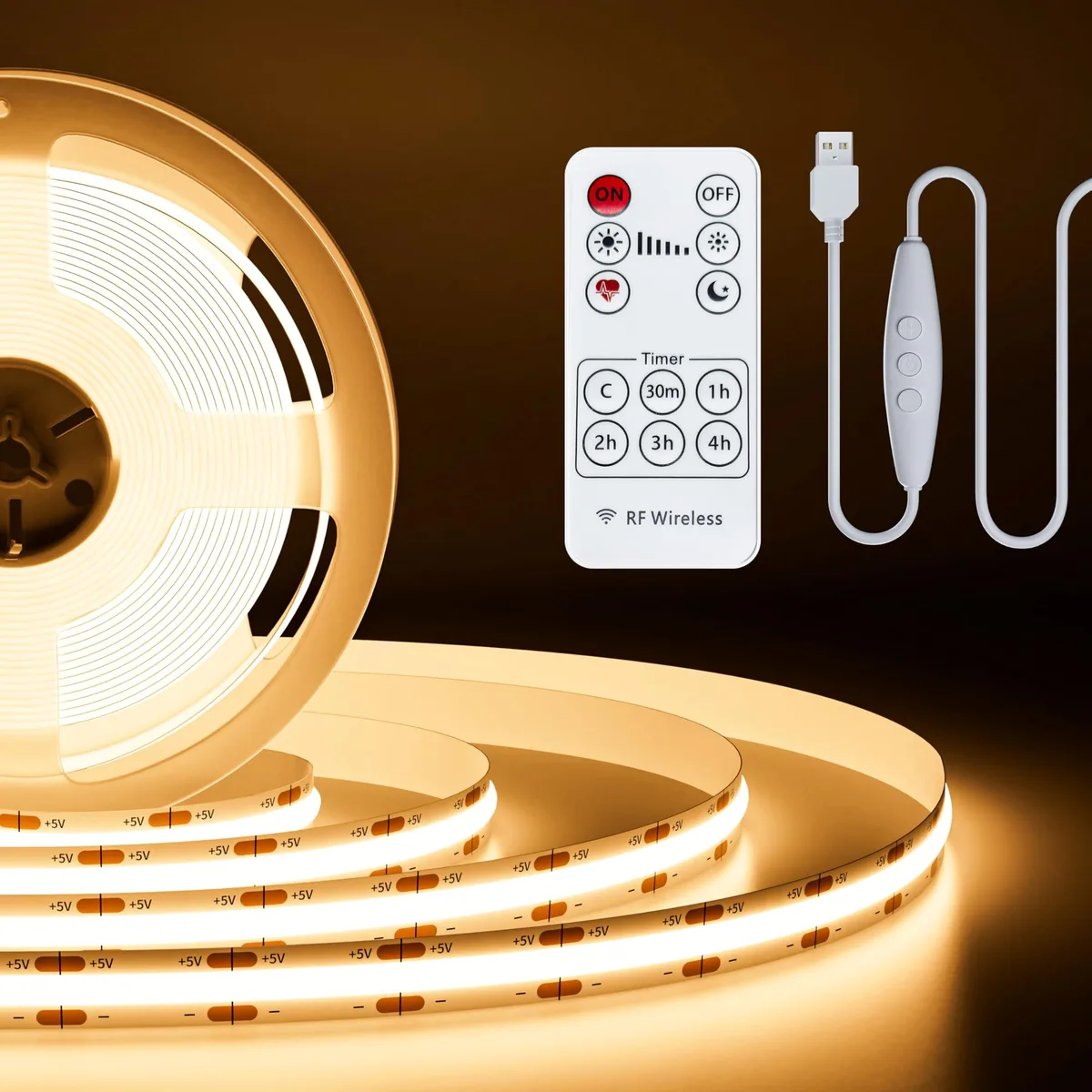 A 2 m flexible COB LED strip on a reel, warm white 3000 K finish, USB-powered with RF remote and in-line dimmer