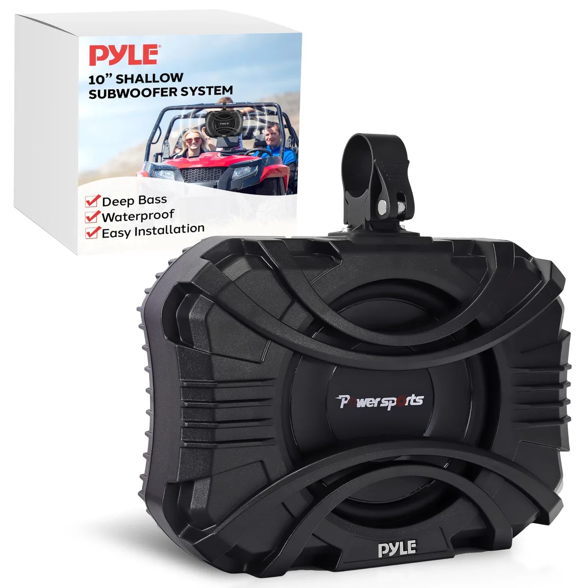 Black rectangular marine subwoofer enclosure with speaker cone visible, mounting brackets attached