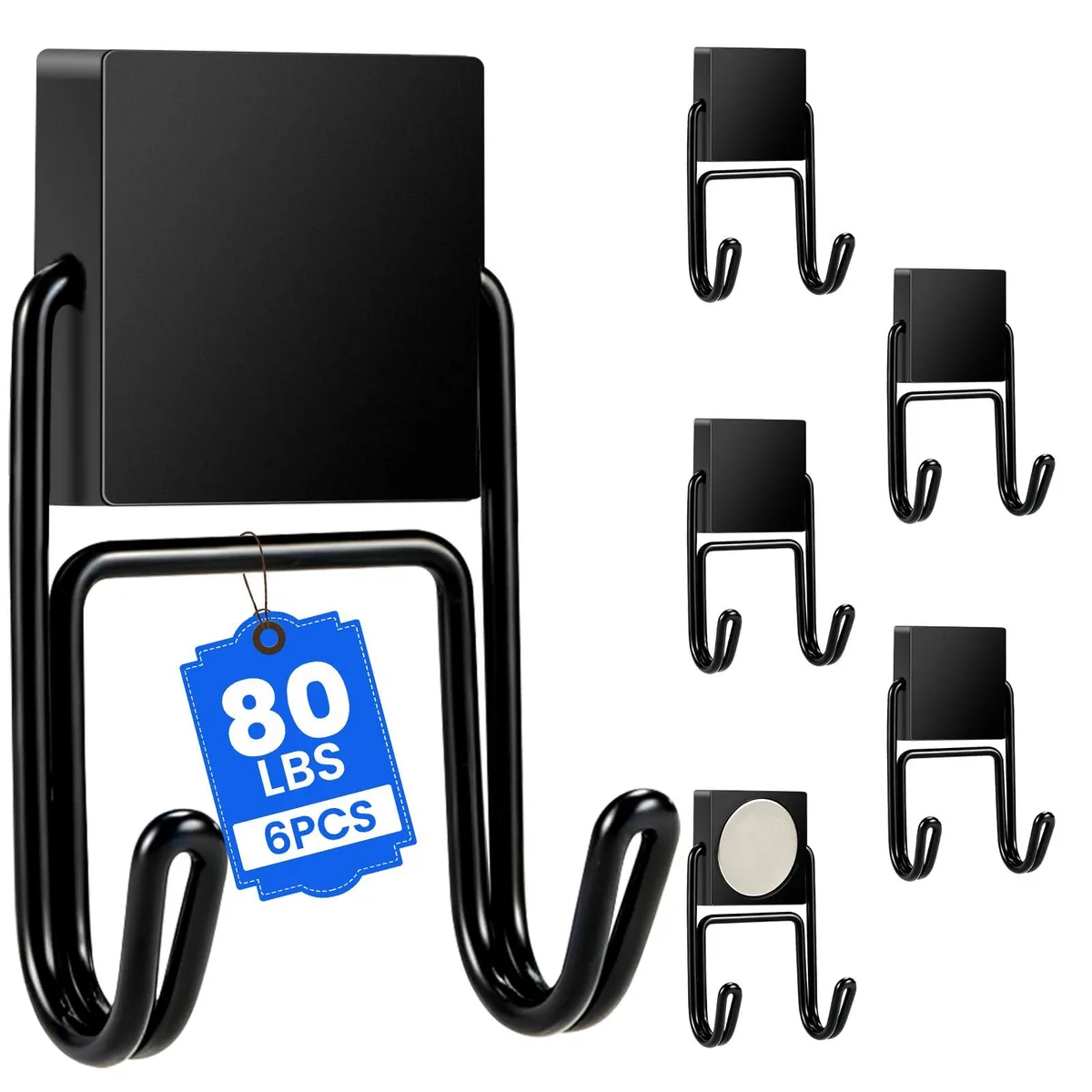 Six black stainless steel magnetic hooks with square bases and double hook design, 360° rotation