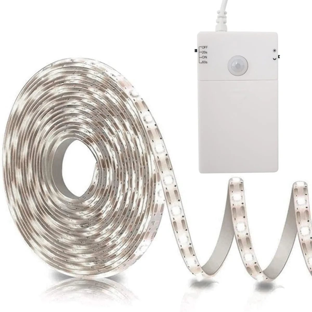 White plastic LED strip light 9.8 feet long with 90 SMD2835 LEDs and battery box