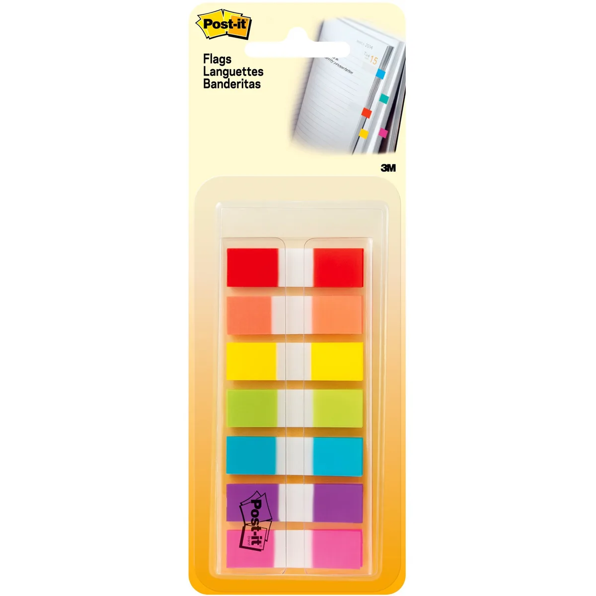 Clear plastic dispenser holding assorted colour Post-it flags