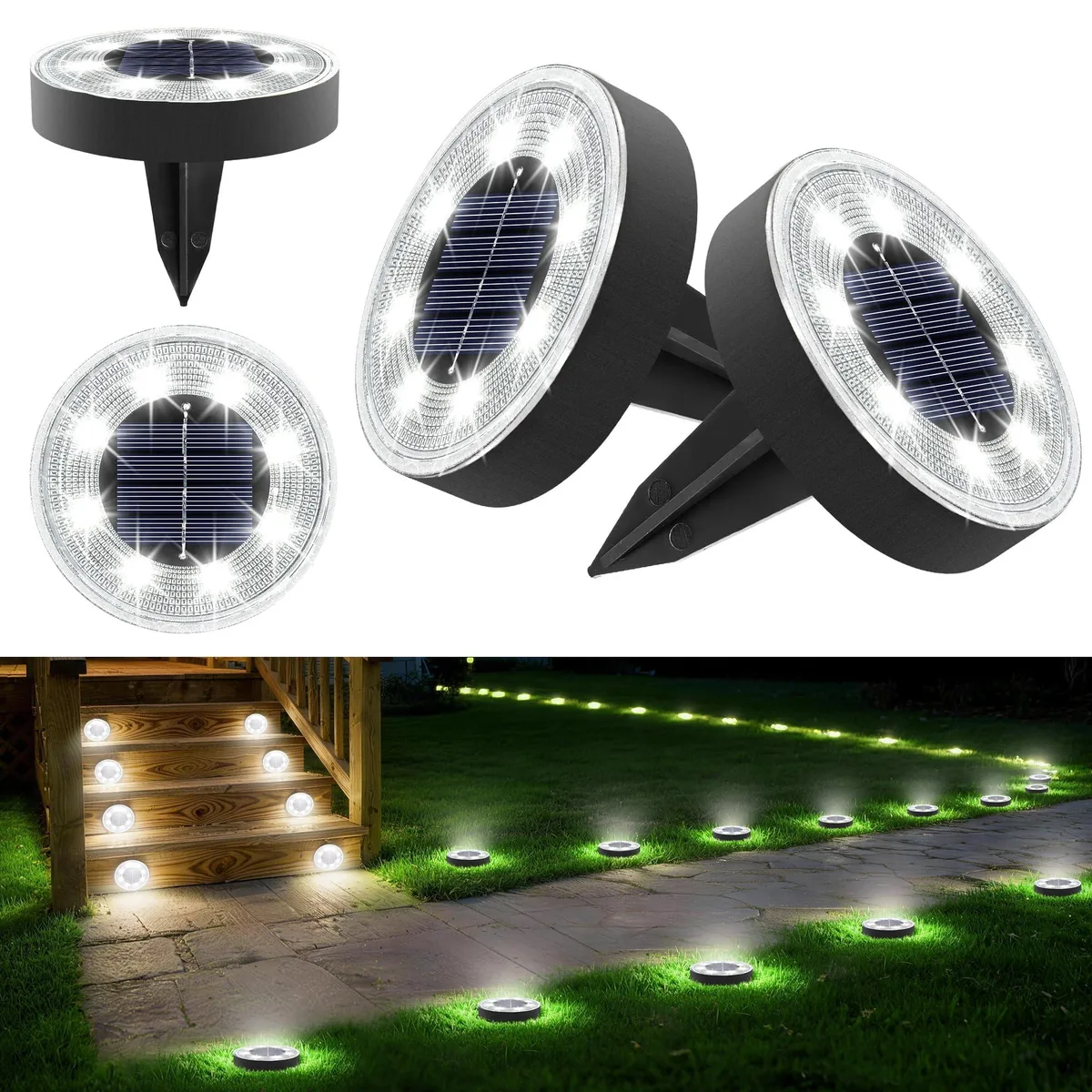 Four white plastic solar ground lights with spikes, 2.95 inches each, IP68 waterproof