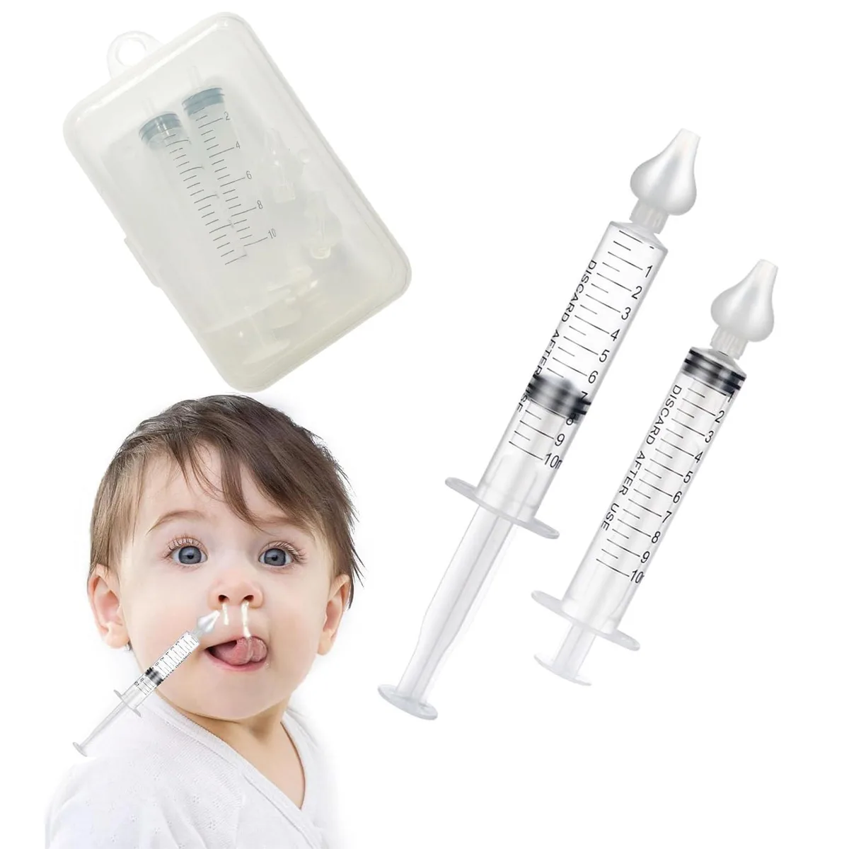 Two transparent 10ml silicone nasal aspirators with storage box