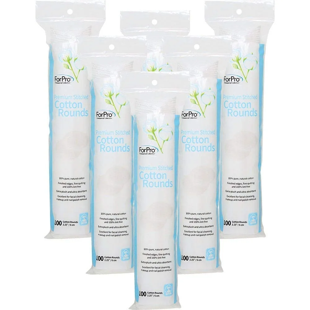 White rectangular box containing six packs of 100 cotton rounds each