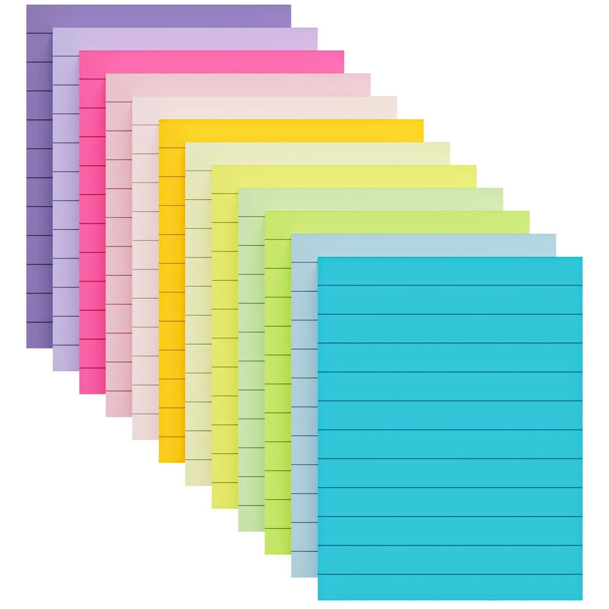Twelve rectangular pads in assorted colours, each lined with ruled paper, stacked together