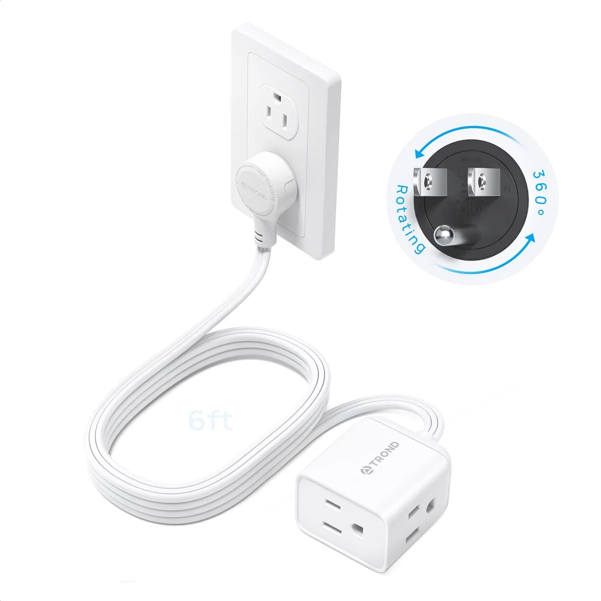  TROND TD-EC-US01X power extension cord 6 ft 360° rotating plug 3 outlets 13A 125V 1625W SPT 16/3 gauge white — product photo