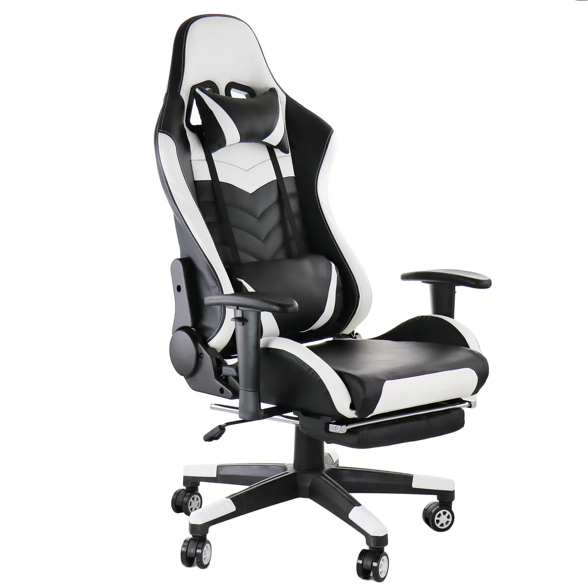 Gamefitz gaming chair in black and white pleather with folding footrest