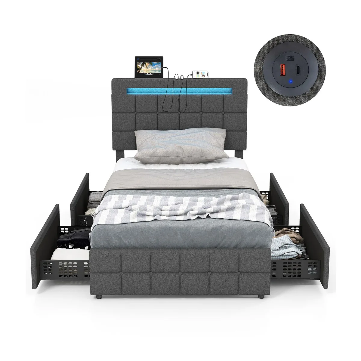 SlickBlue SlickBlue Upholstered LED Bed Frame Twin Gray 4 Drawers USB 78 x 43.5 x 40.5-42.5 in — product photo