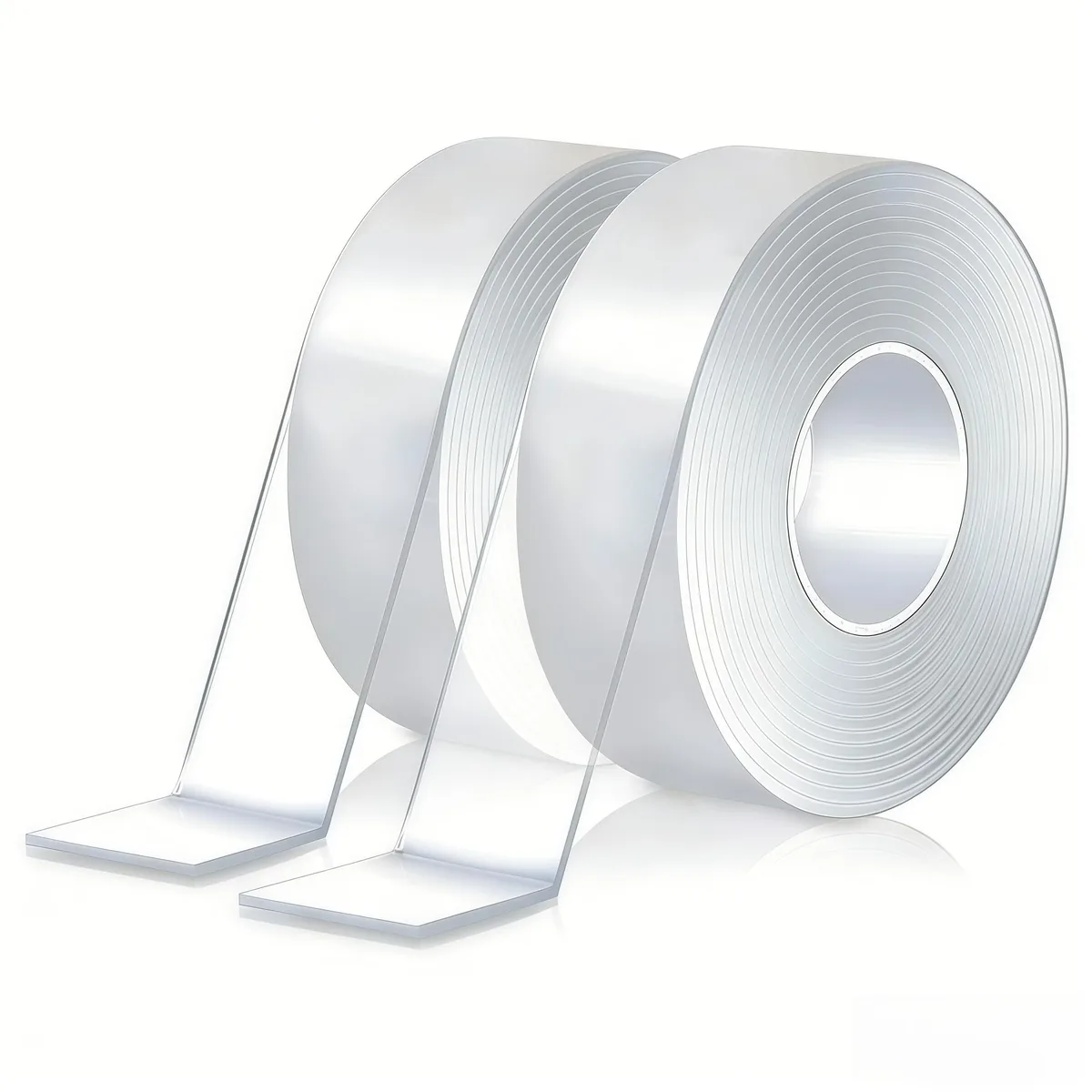 Two clear tape rolls on white cores, widths .8 and 1.2 inches, length 9.85 feet