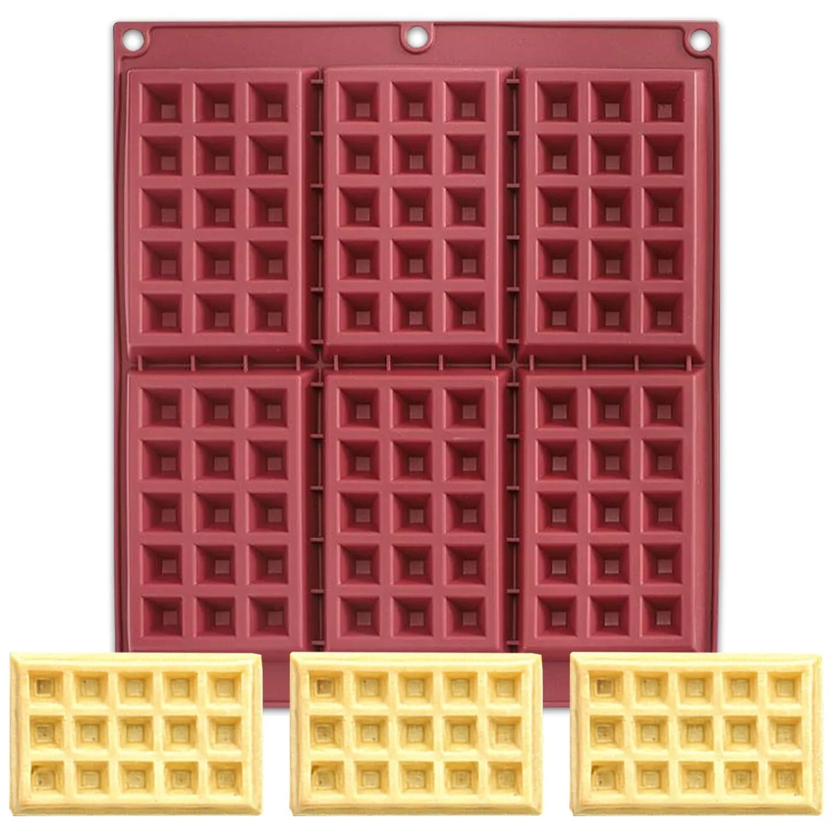 Brown silicone waffle tray with six square cavities and three hanging holes
