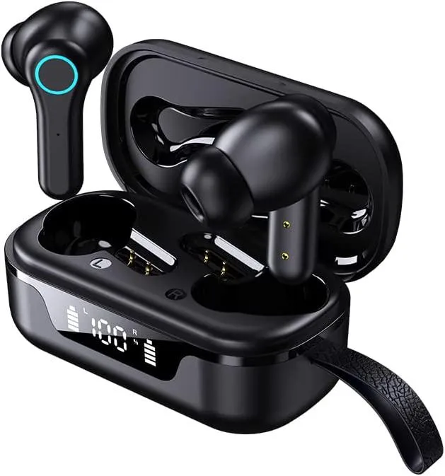 Black wireless earbuds in matching charging case with LED display