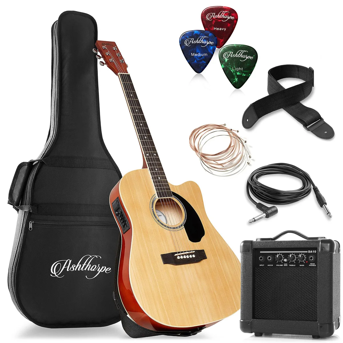 Ashthorpe Ashthorpe 41" Thinline Cutaway Acoustic-Electric Guitar with 10W Amp - Natural — product photo