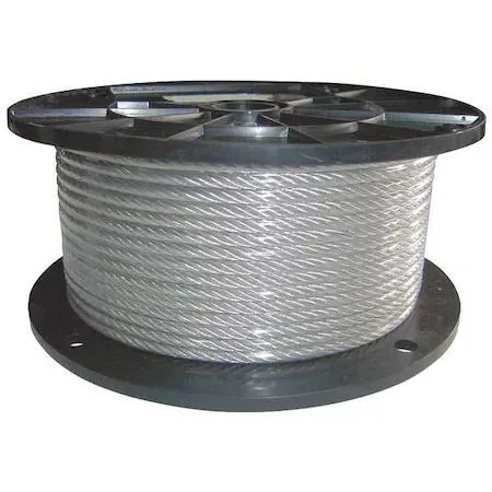 Silver vinyl-coated galvanized steel cable on spool