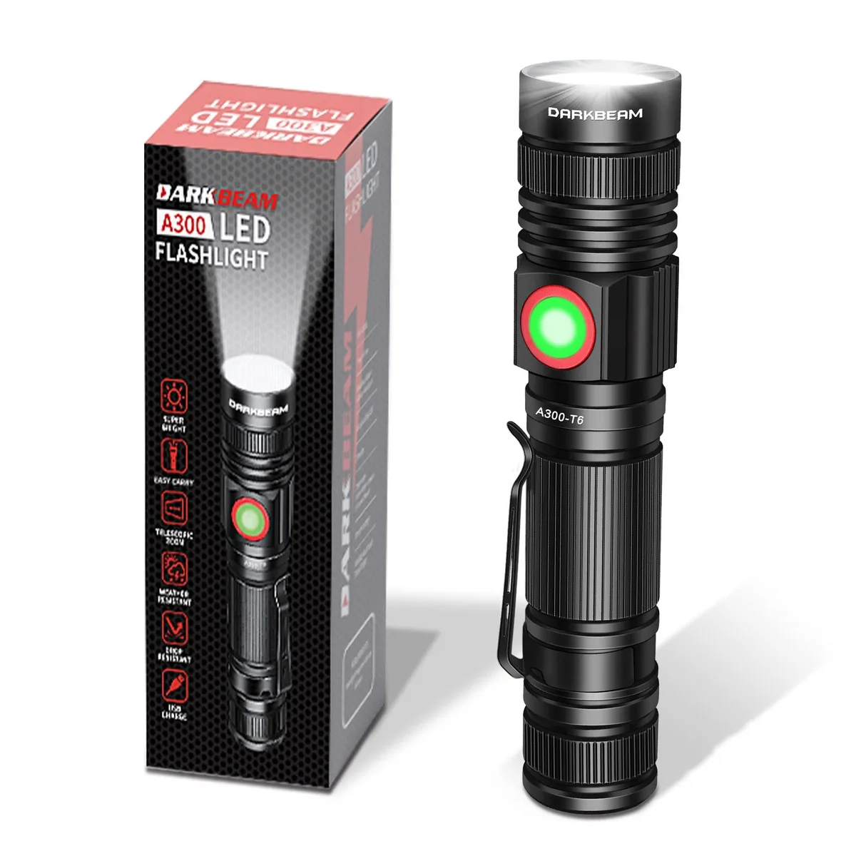 Black cylindrical aluminium flashlight, 4.84 inches long, 3.6 oz, USB rechargeable