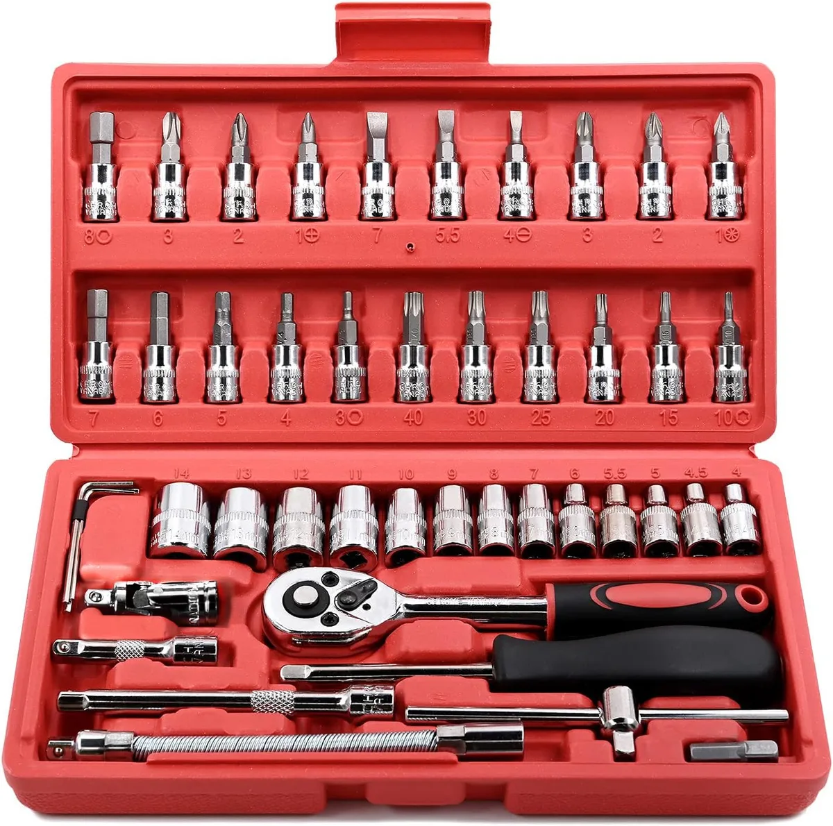 Chrome vanadium socket set in black case, ratchet, extensions, 46 pieces