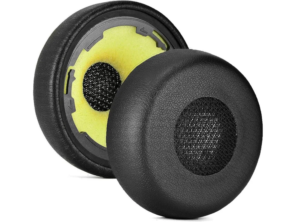 Pair of black replacement ear cushions with plastic clips for Jabra Evolve 75 headset