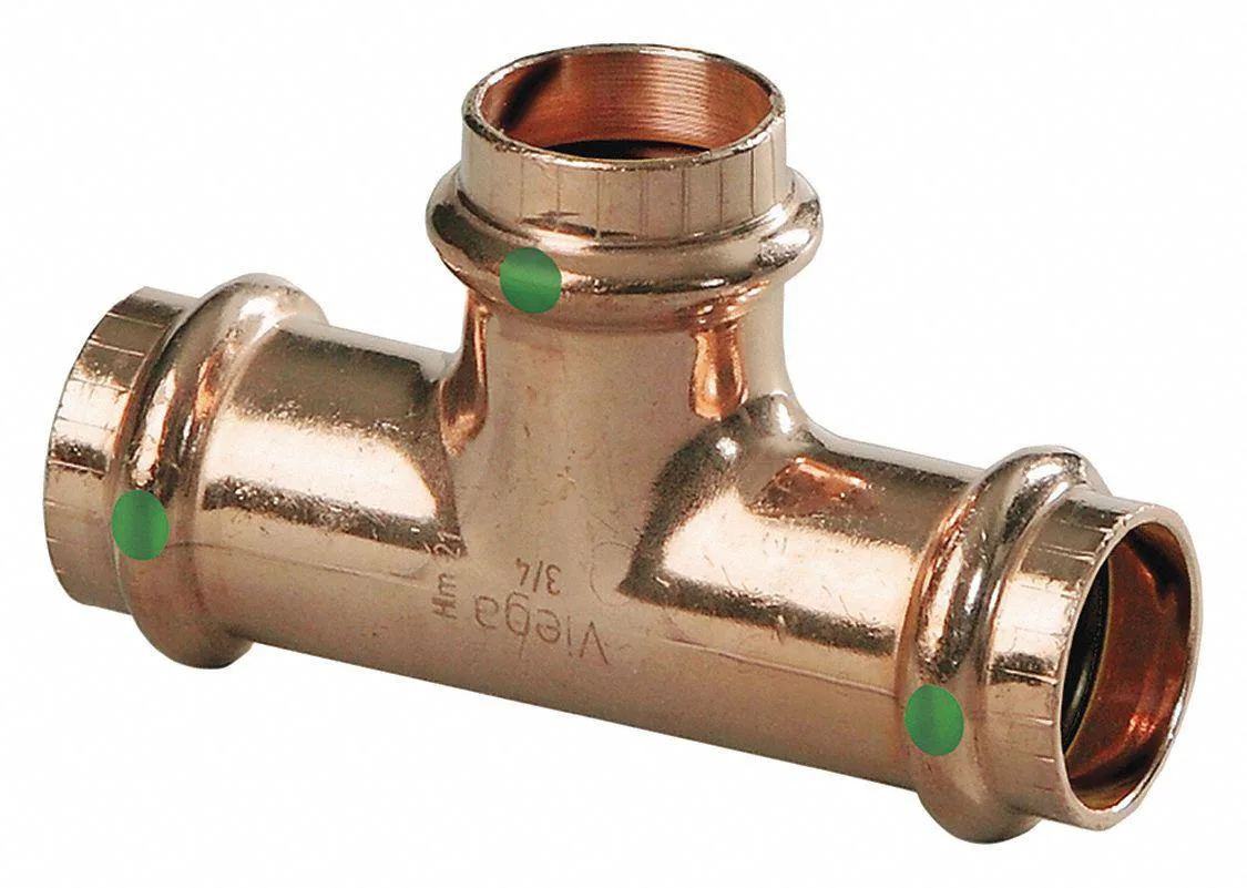 Copper reducing tee press fitting with three connections, metallic finish, new condition