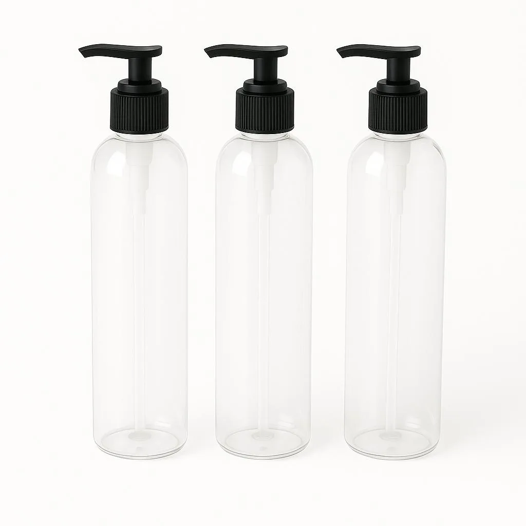 Vandue Corporation Vandue Corporation Royal Massage 8oz Bullet Round Bottle with Saddle Pump Clear 3 Pack 7.5" Tall — product photo