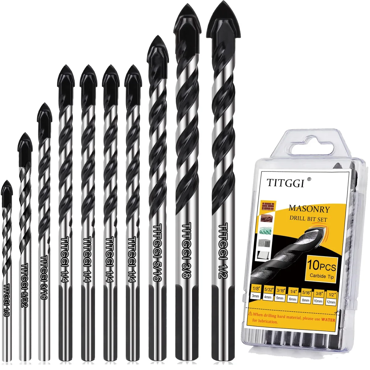 Black 10-piece masonry drill bit set with carbide tips in case