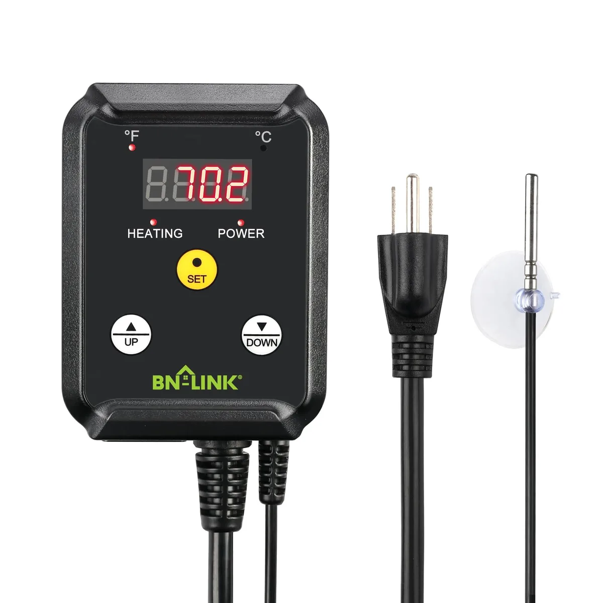 Twelve black rectangular digital thermostat controllers with displays and buttons