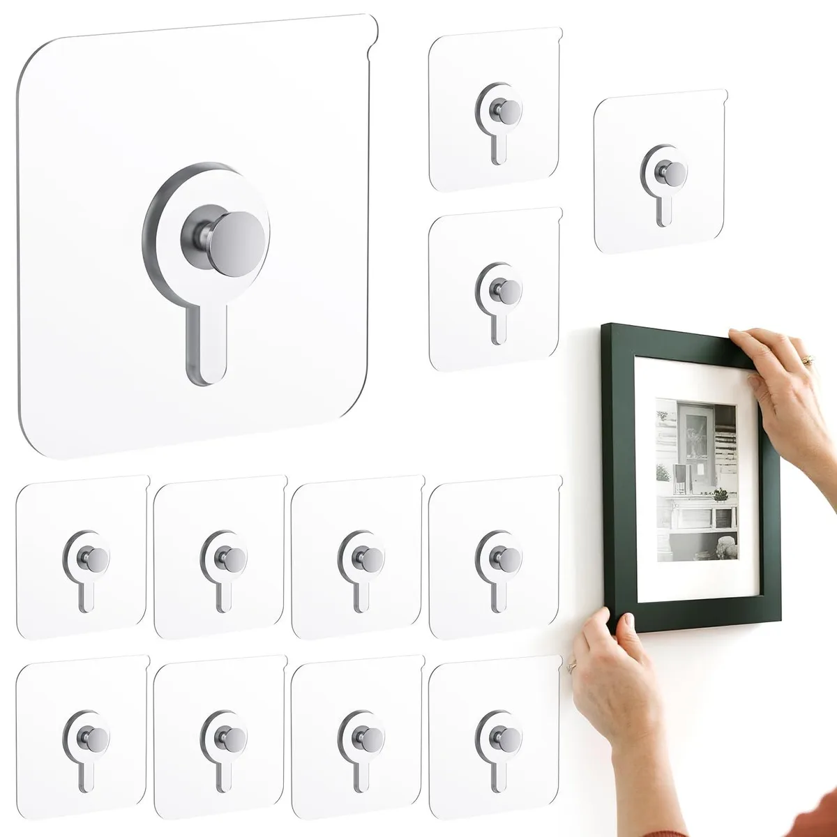 Twelve transparent adhesive wall hooks in minimalist style