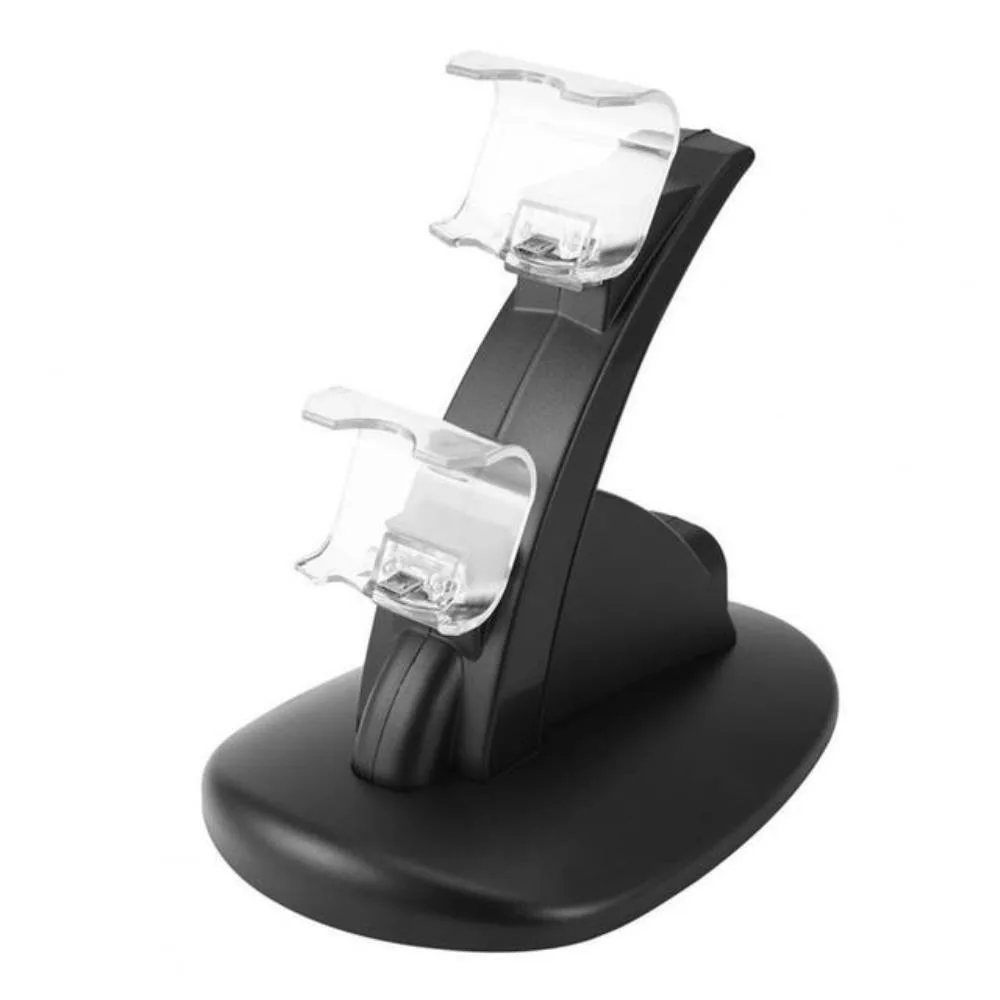 White plastic and metal charging dock with two controller slots and a USB cable