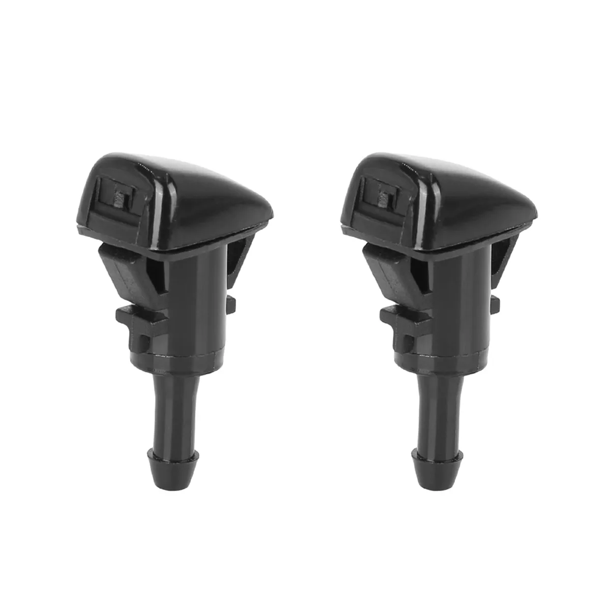 Two black plastic windshield washer nozzles, single-hole sprayers, 22 by 17 by 42 millimetres