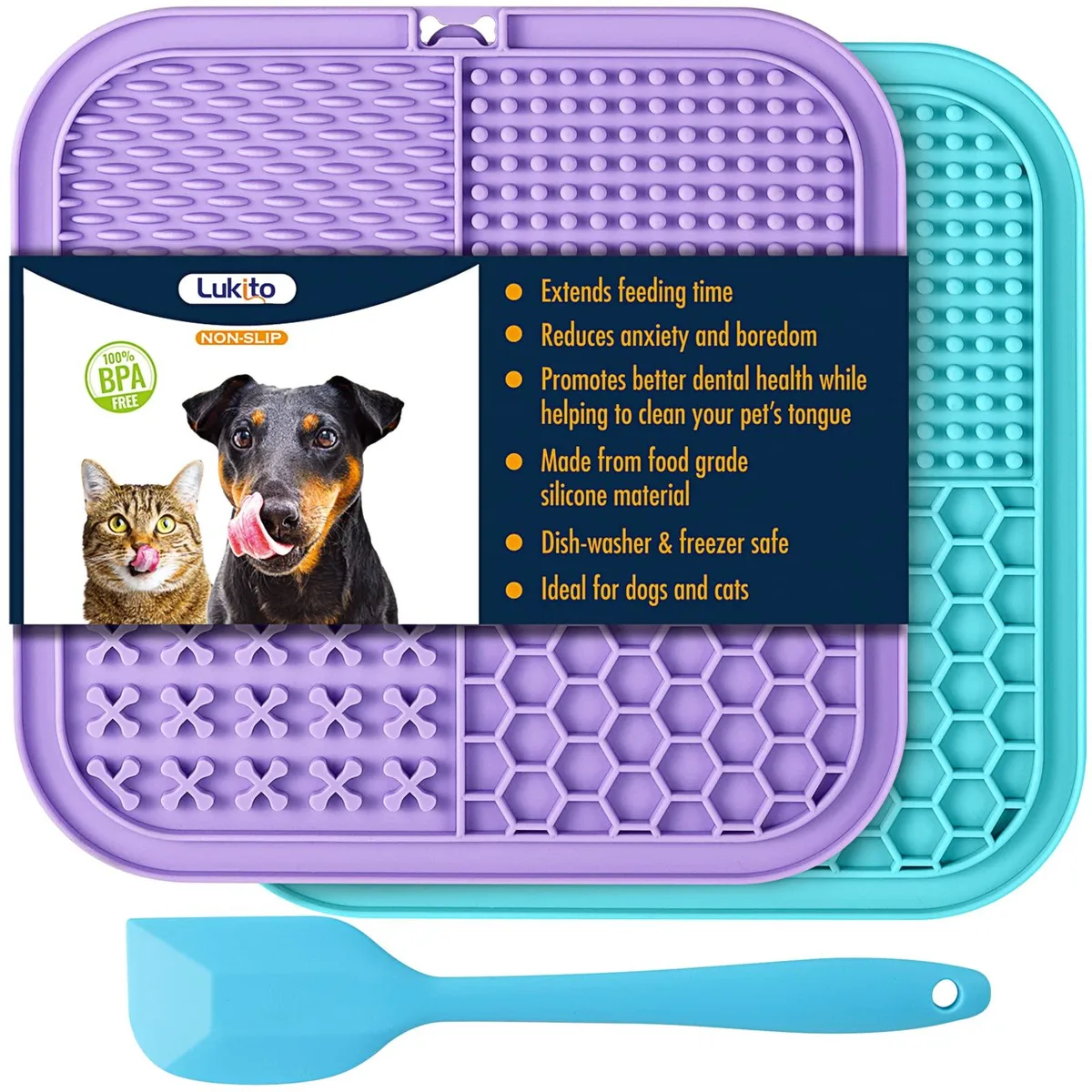 Two rectangular silicone lick mats in assorted colours, each with 77 suction cups on the back