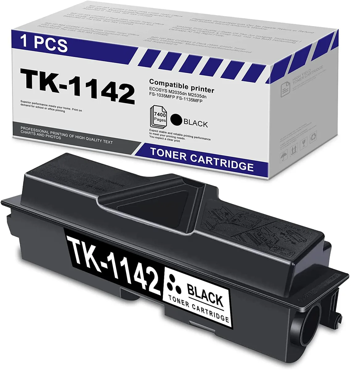 Black rectangular toner cartridge in sealed plastic packaging