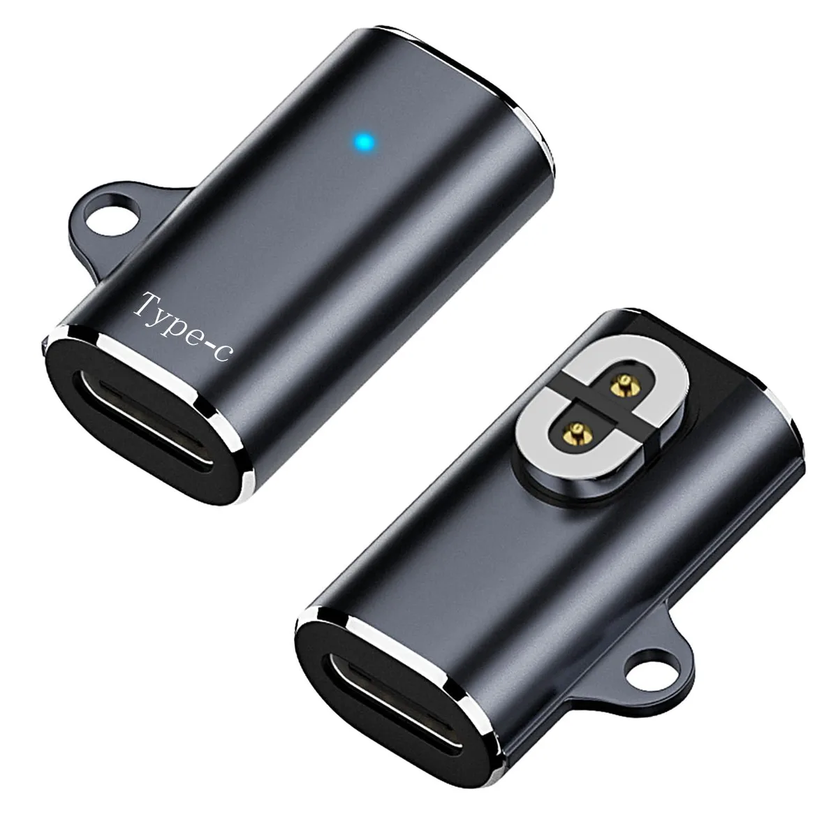 Two small grey USB-C magnetic charging adapters side by side