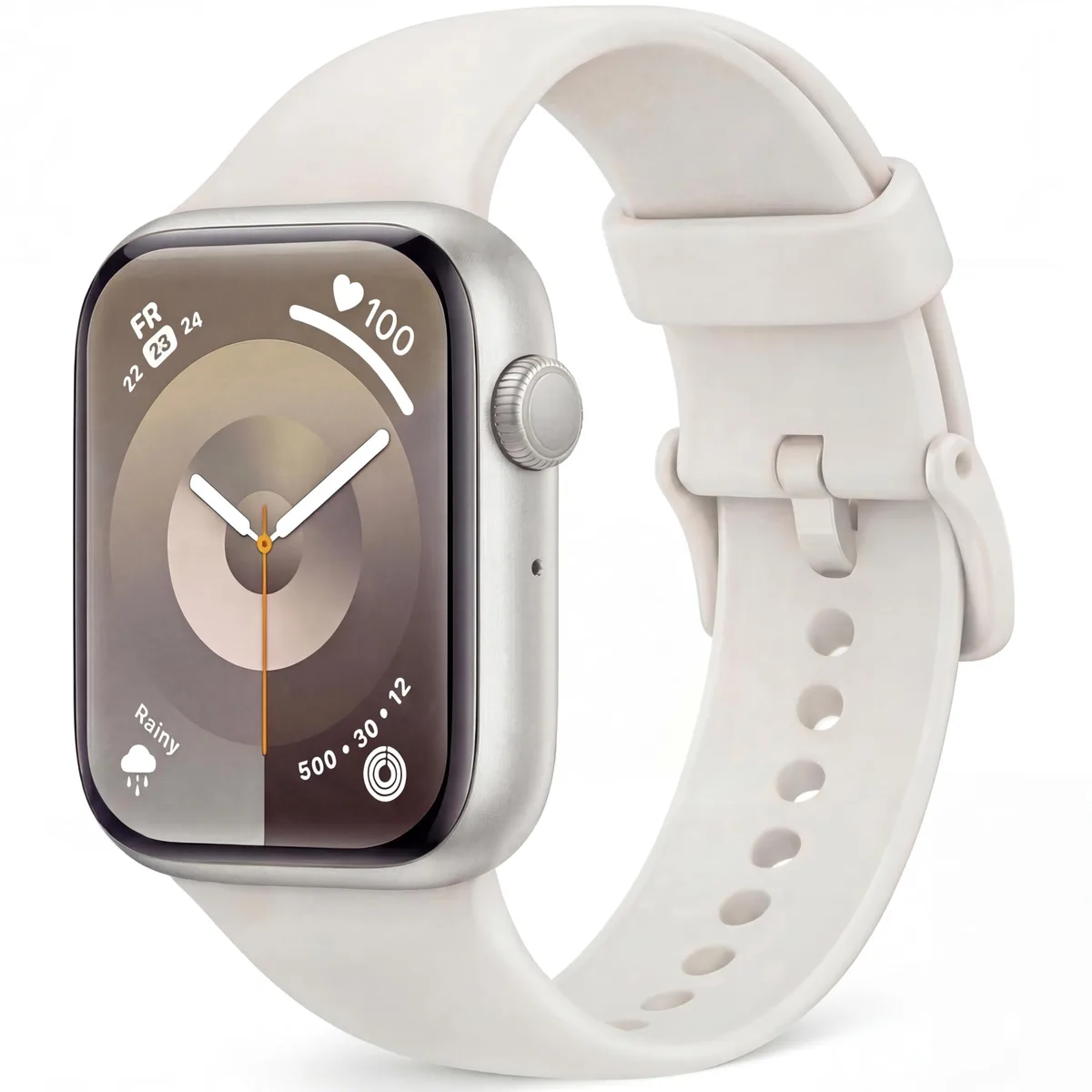Rectangular smartwatch with 1.83 inch touchscreen and starlight silicone band