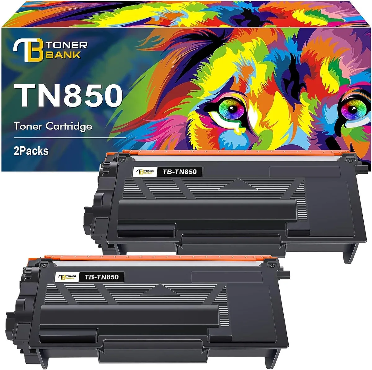 Two rectangular black toner cartridges in plastic packaging