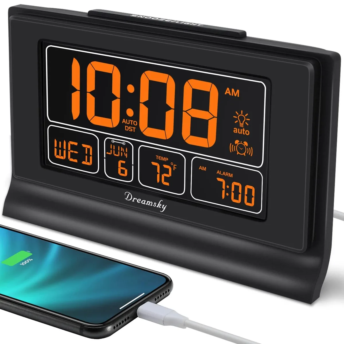 Orange rectangular digital clock with 5 inch display and USB ports