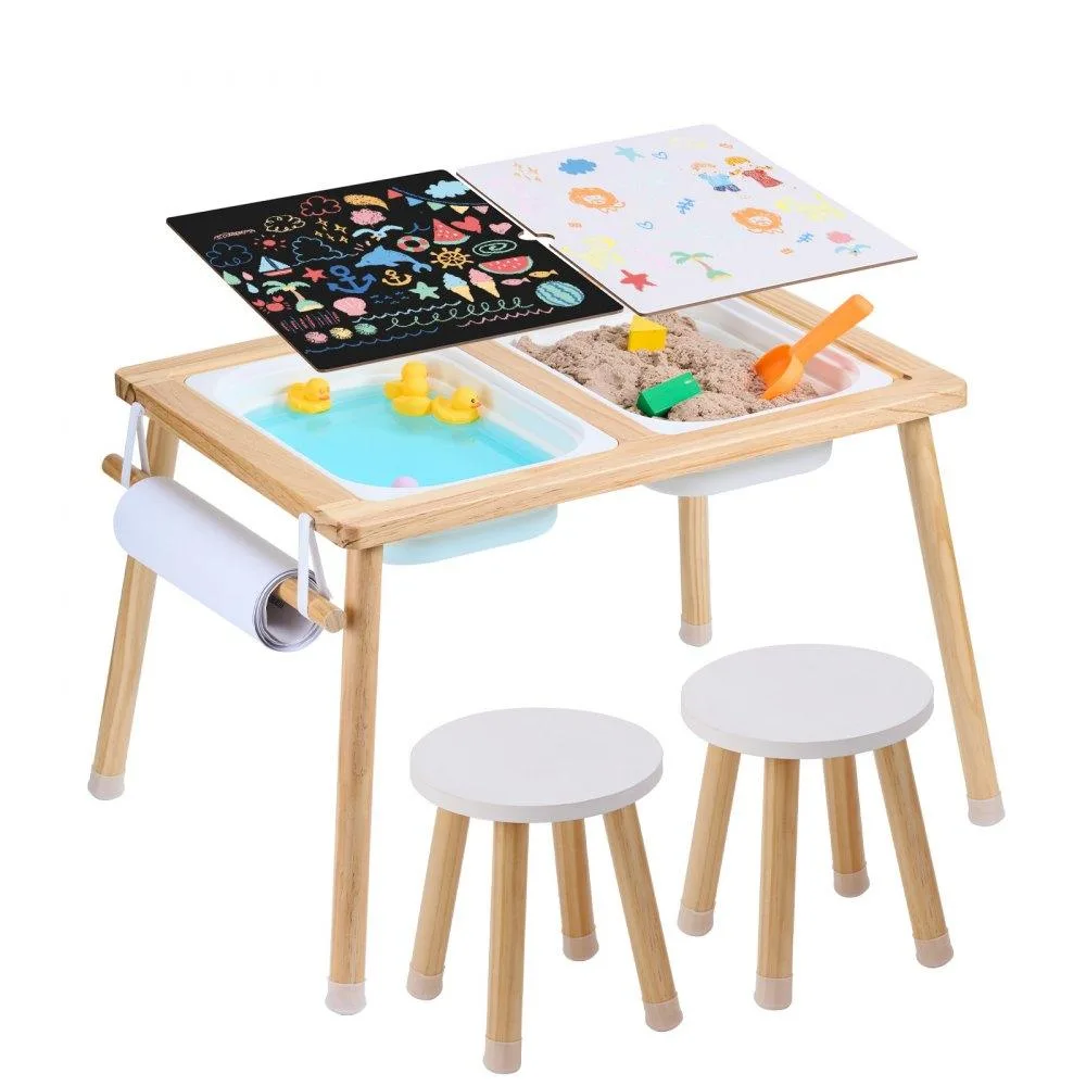 VEVOR VEVOR Sensory Table and Chairs Set 32.1x23.6x19.9 in Pine Wood 2 Stools 2 Bins Paper Roll Holder — product photo