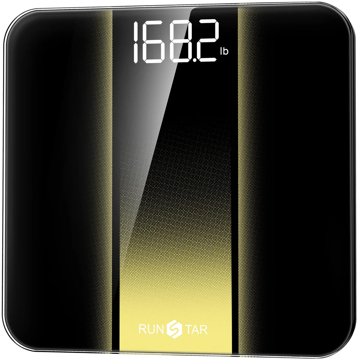 Black digital bathroom scale with square tempered glass platform and LED display